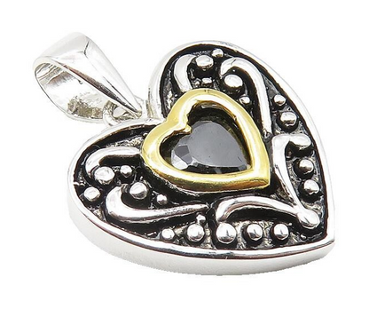 925 Sterling Silver  Shiny Hematite Two Tone Love Heart Drop Pendant  PT8312