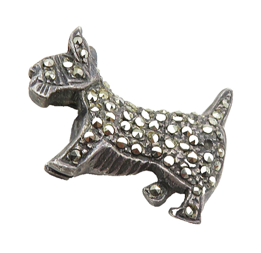 925 Sterling Silver  Vintage Petite Marcasite Oxidized Dog Brooch Pin  BP3527