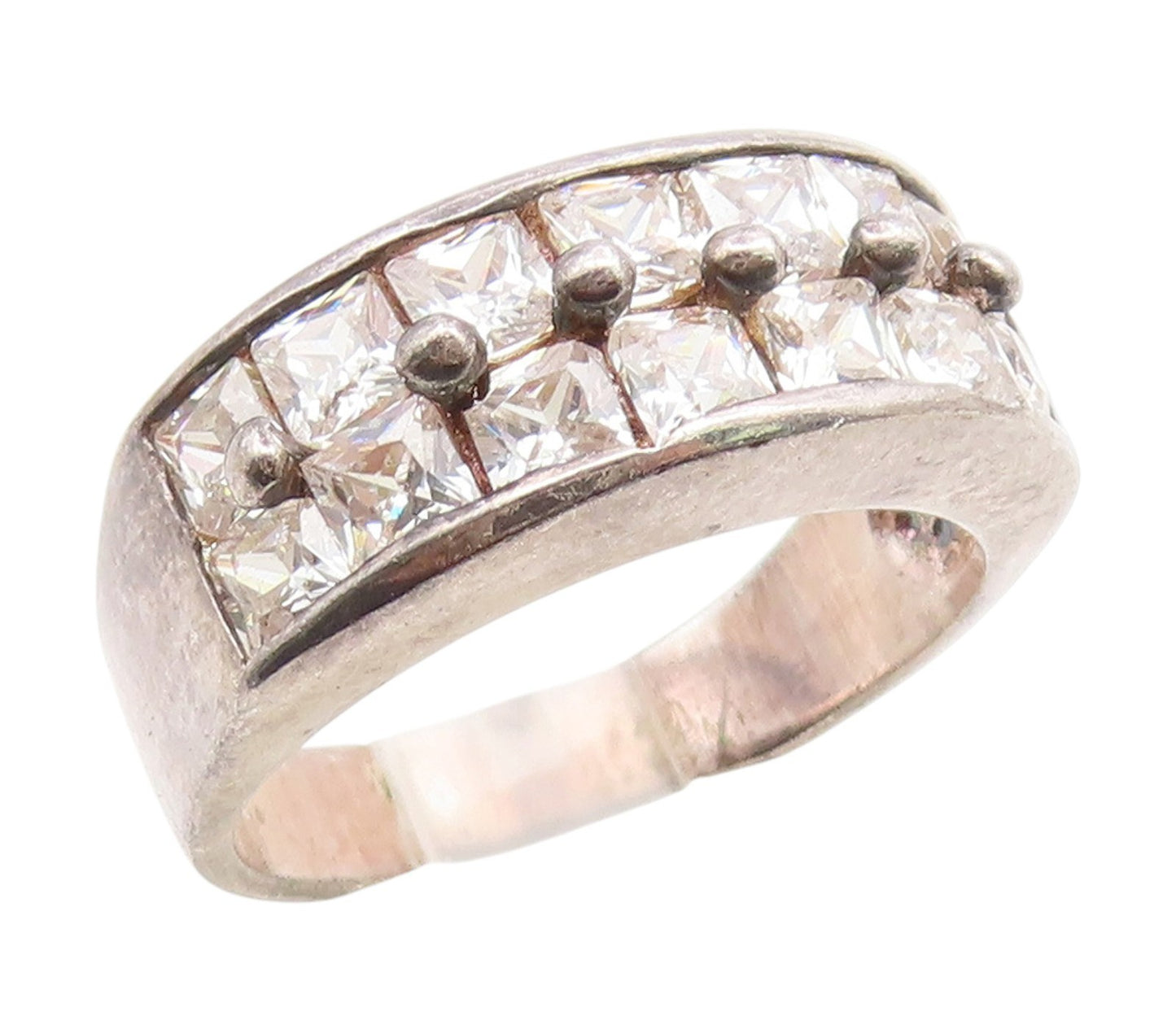 925 Sterling Silver Vintage Ring Square Cut CZ Double Row Band  Sz 8  RG35147