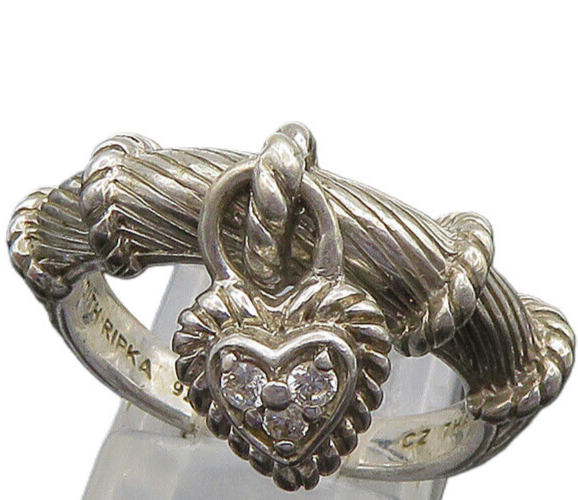 JUDITH RIPKA 925 Silver  Vintage Topaz Love Heart Charm Band Ring Sz 8 RG23529