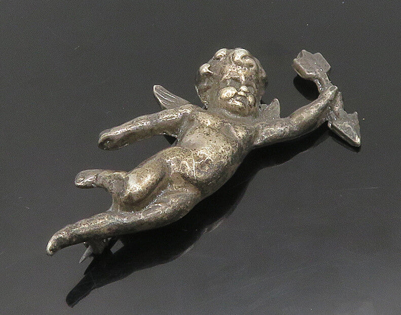 925 Sterling Silver  Vintage Antique Oxidized Baby Cupid Brooch Pin  BP7083