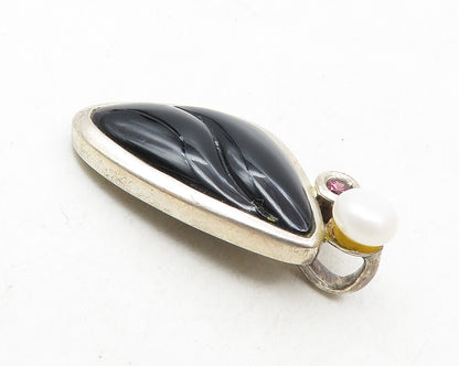 925 Sterling Silver  Vintage Black Onyx Pearl & Amethyst Drop Pendant  PT7611