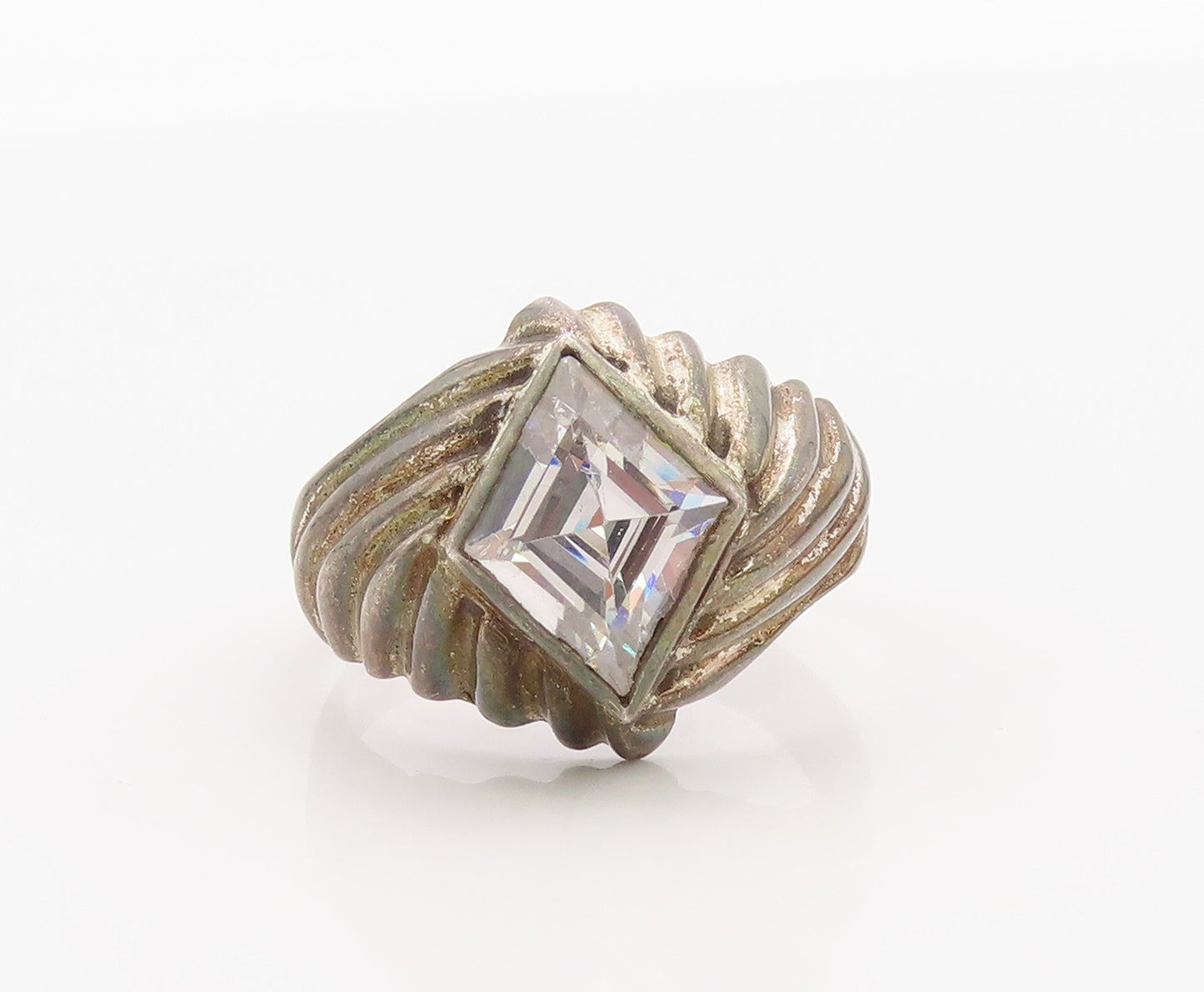 925 Sterling Silver Vintage Ring Bold CZ Ribbed Geometric Band  Sz 9.5  RG36399