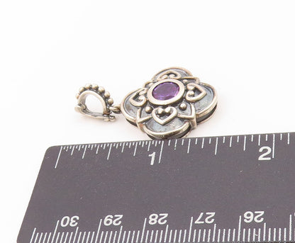 925 Sterling Silver Vintage Pendant Dark Tone Amethyst Floral Carved   PT24099
