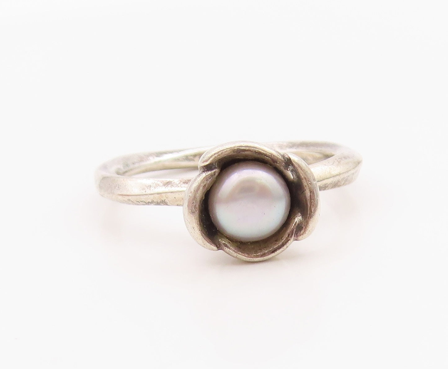 925 Sterling Silver Vintage Ring PANDORA Elegant Pearl Rose Band Sz 9.5 RG36286