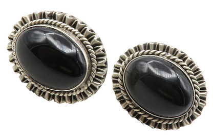 925 Sterling Silver  Vintage Cabochon Cut Black Onyx Drop Earrings  EG6343