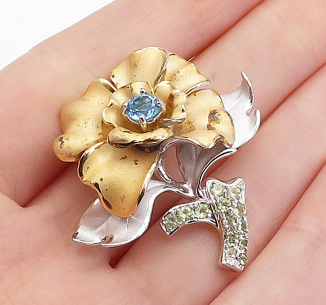 ROSS SIMON 925 Silver  Vintage Blue Topaz Two Tone Flower Brooch Pin  BP1374