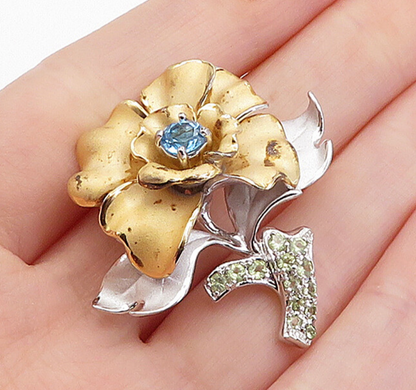ROSS SIMON 925 Silver  Vintage Blue Topaz Two Tone Flower Brooch Pin  BP1374