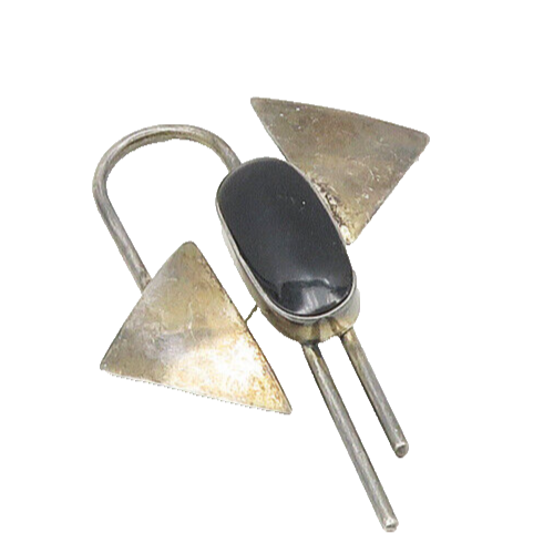 MEXICO 925 Sterling Silver Vintage Black Onyx Modernist Brooch Pin BP6885