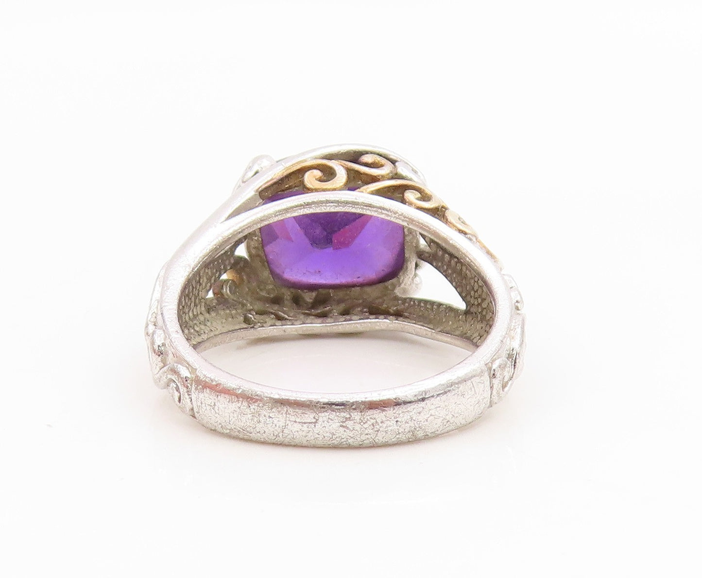925 Sterling Silver Vintage Ring Faceted Amethyst Openwork Band  Sz 8  RG34884