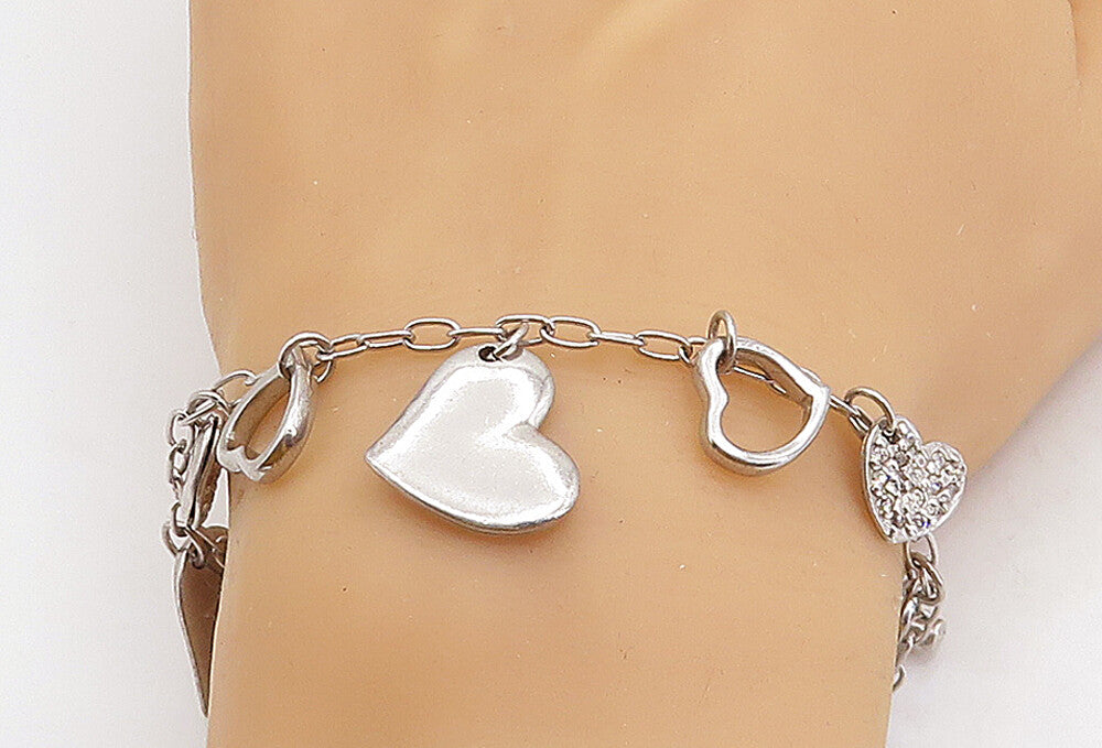 925 Sterling Silver  Vintage Topaz Love Heart Charmed Chain Bracelet  BT1496