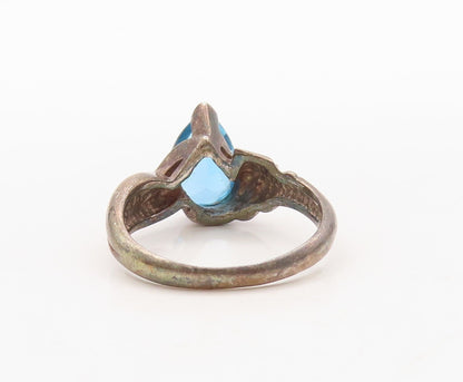 925 Sterling Silver Vintage Ring Dark Tone Carved Drop cut Topaz  Sz 7 RG31124