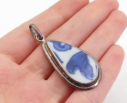 925 Sterling Silver  Vintage Enamel Floral Art Tear Drop Pendant  PT4045