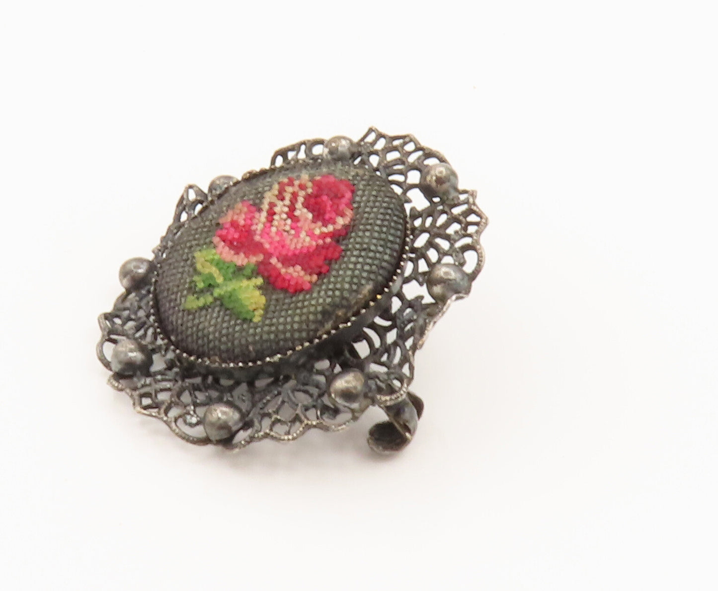 925 Silver  Vintage Beaded & Openwork Knitted Rose Flower Brooch Pin  BP10096