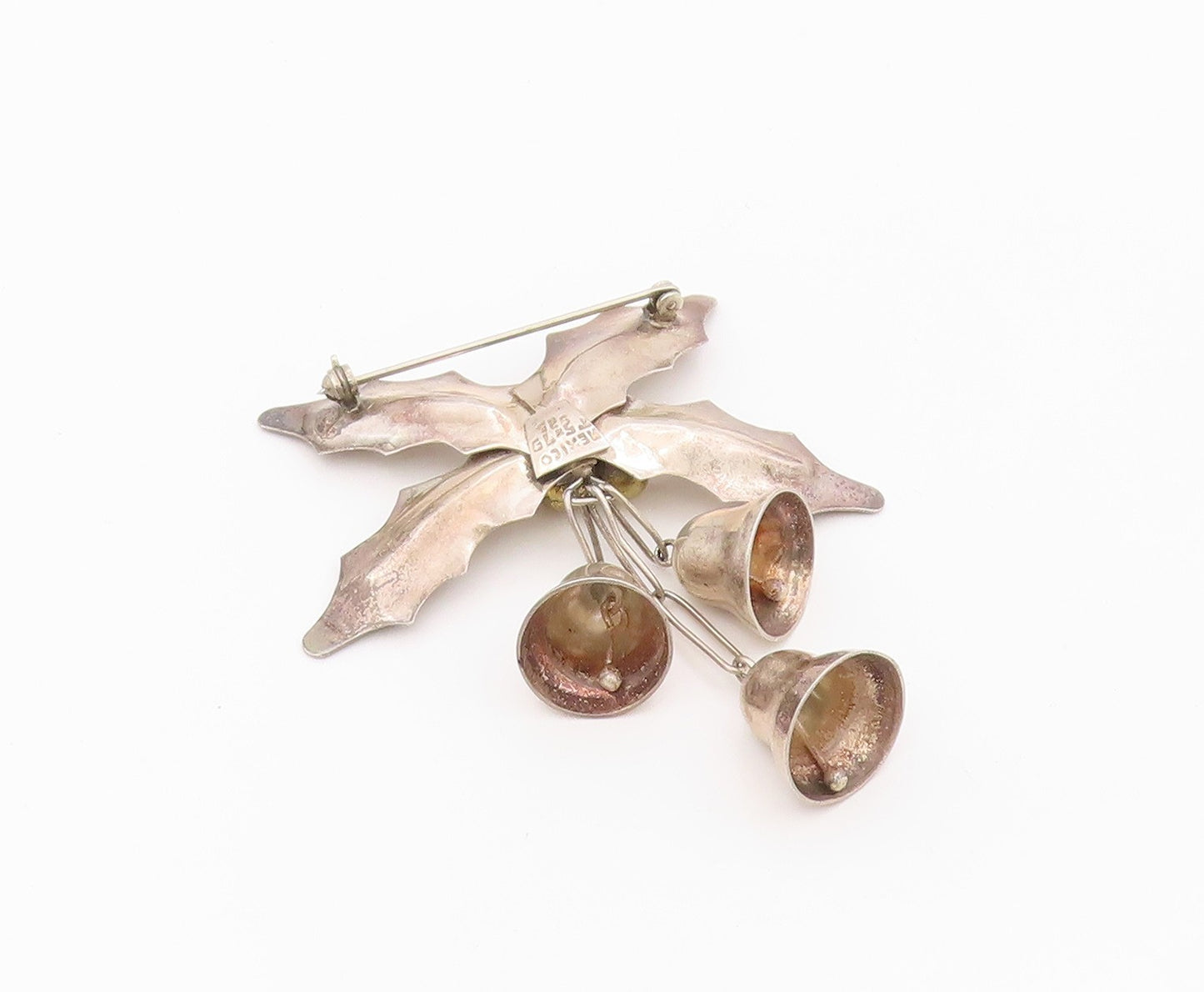 925 Sterling Silver Vintage Brooch Pin TAXCO MEXICO Bells & Holl Leaf  BP12559