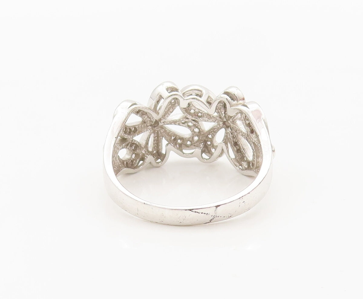 925 Sterling Silver Vintage Ring Solid Cutout CZ Beaded Flowers Sz 10.5  RG28301