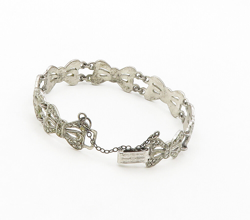 925 Sterling Silver  Vintage Sparkling Bow Tied Ribbons Chain Bracelet  BT6514
