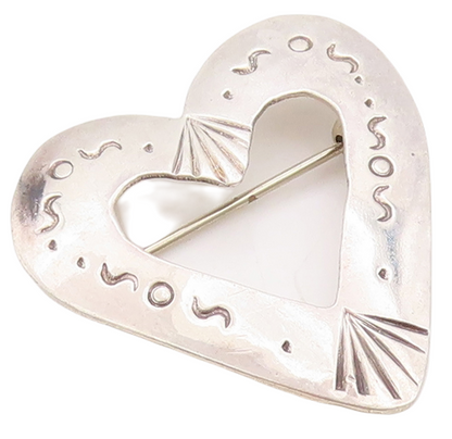 925 Sterling Silver Vintage Brooch Pin NAVAJO SOS Etched Cutout Heart  BP11206