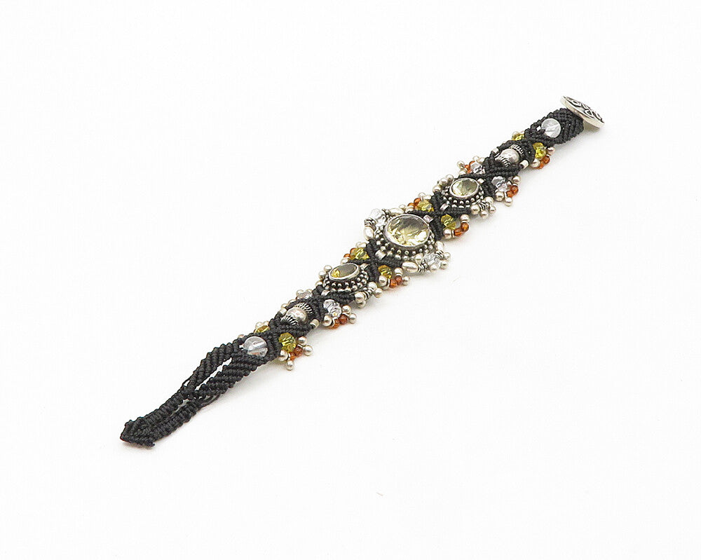 925 Sterling Silver  Vintage Yellow Topaz & Amber Weaved Chain Bracelet BT6851