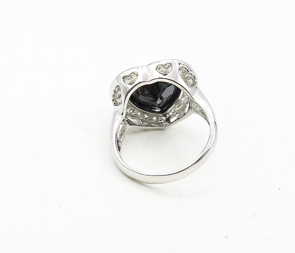 925 Sterling Silver  Hematite & Cubic Zirconia Heart Cocktail Ring Sz 8 RG9021