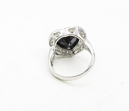 925 Sterling Silver  Hematite & Cubic Zirconia Heart Cocktail Ring Sz 8 RG9021