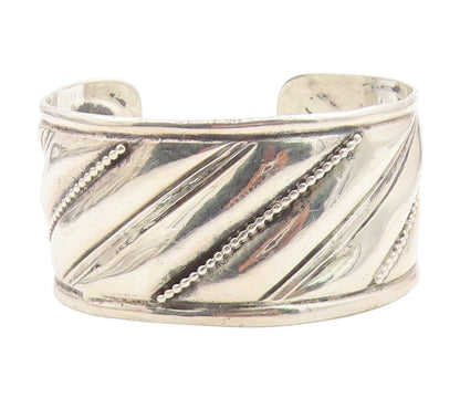925 Sterling Silver Vintage Bracelet HAND & HAMMER Diagonal Grooved Cuff BT11769