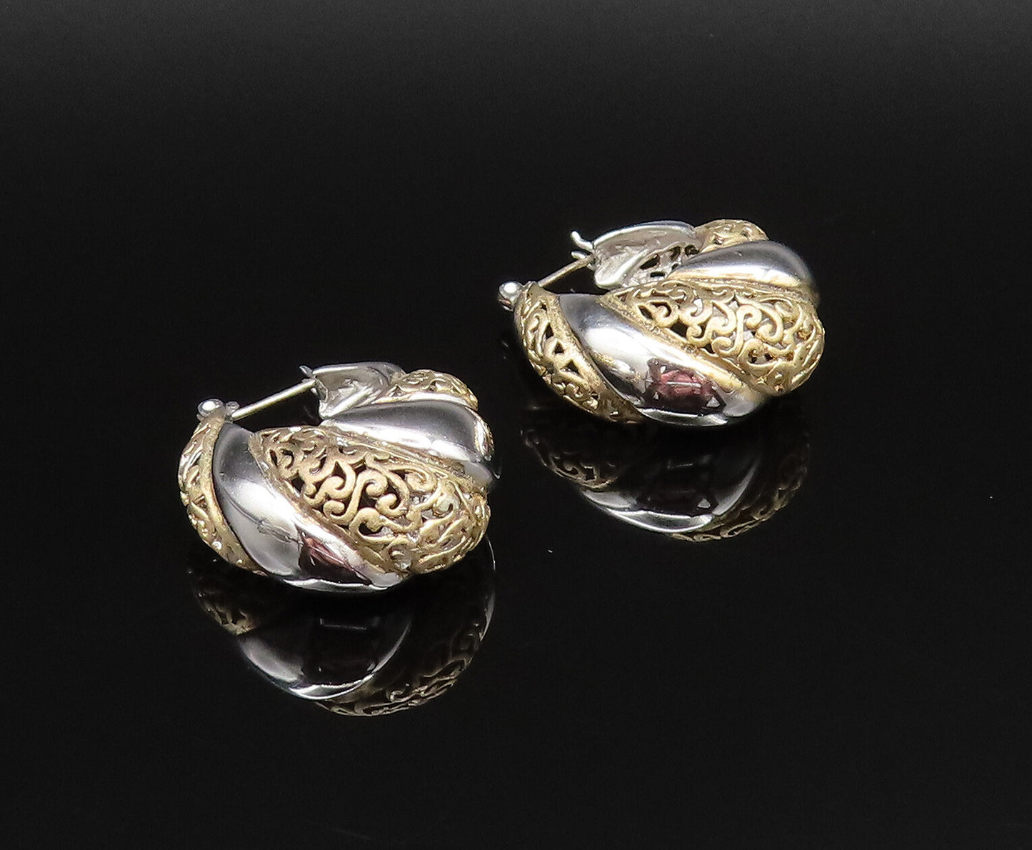 925 Sterling Silver Vintage Two Tone Openwork Scroll Hoop Earrings  EG11972