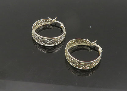 925 Sterling Silver  Vintage Shiny Floral Cutout Round Hoop Earrings  EG10742