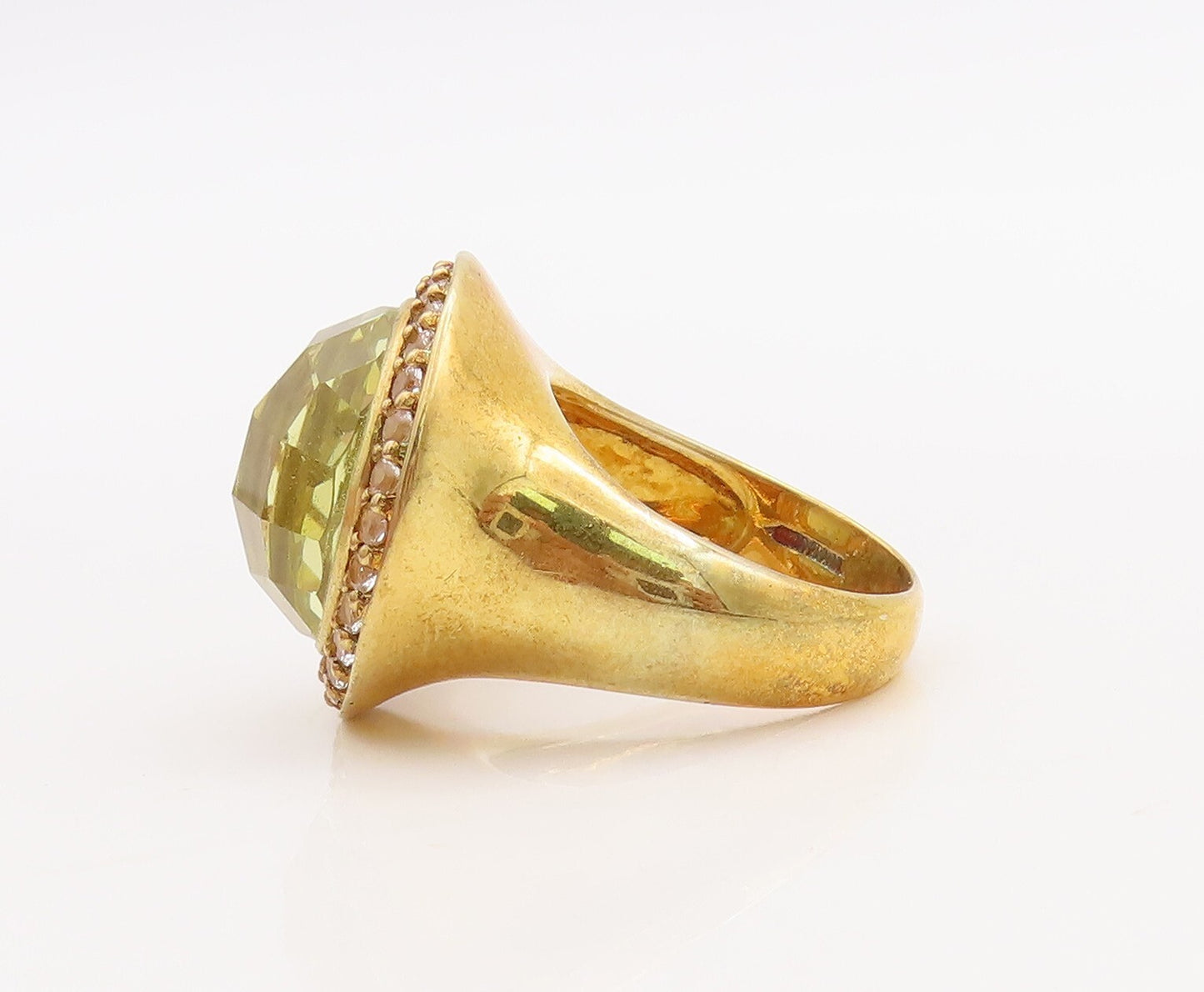 925 Sterling Silver Vintage Ring Gold Plated Lime Quartz Halo Topaz Sz 7 RG29879