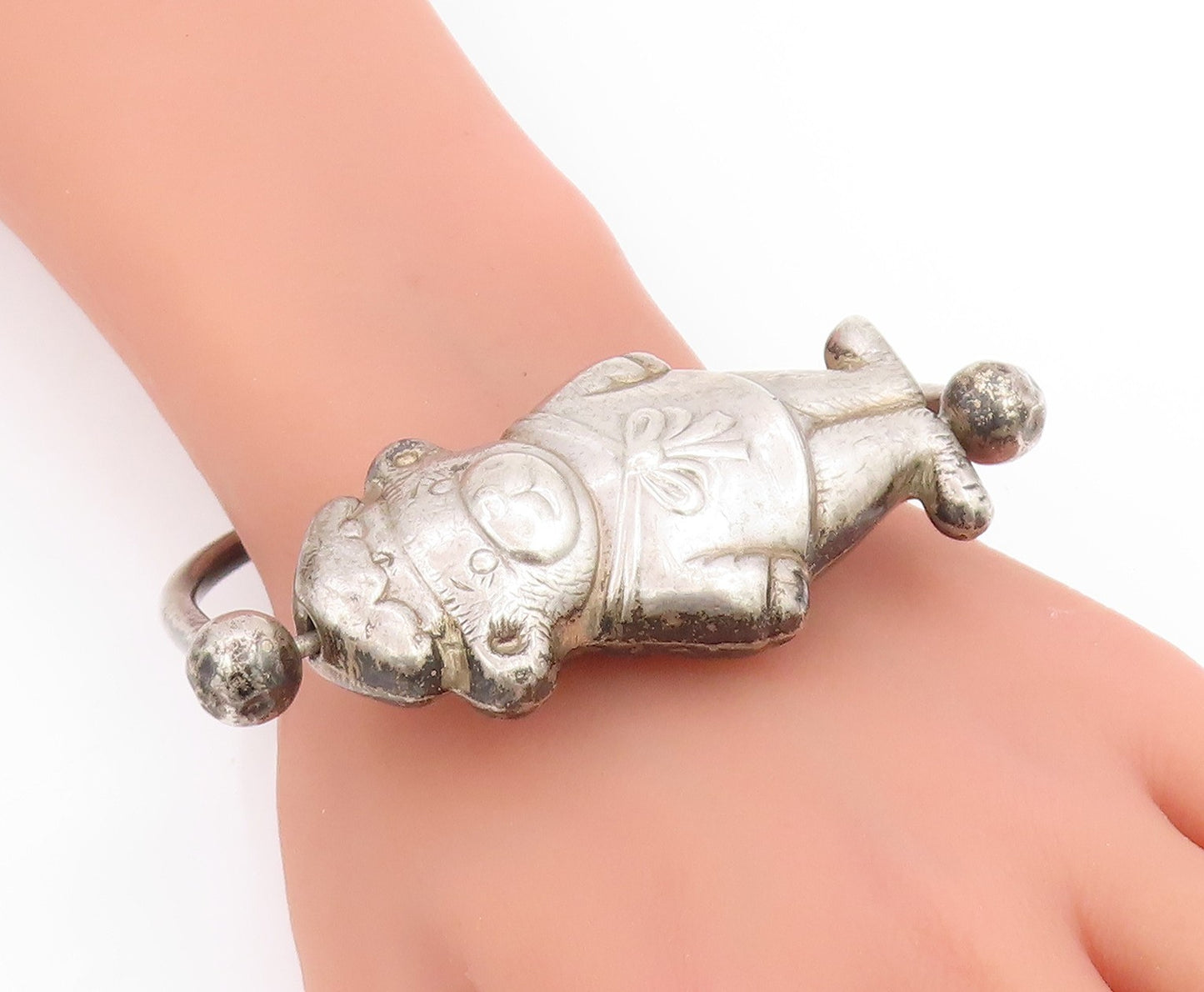 925 Sterling Silver Vintage Bracelet Antique Teddy Bear Figure RATTLES  BT11810