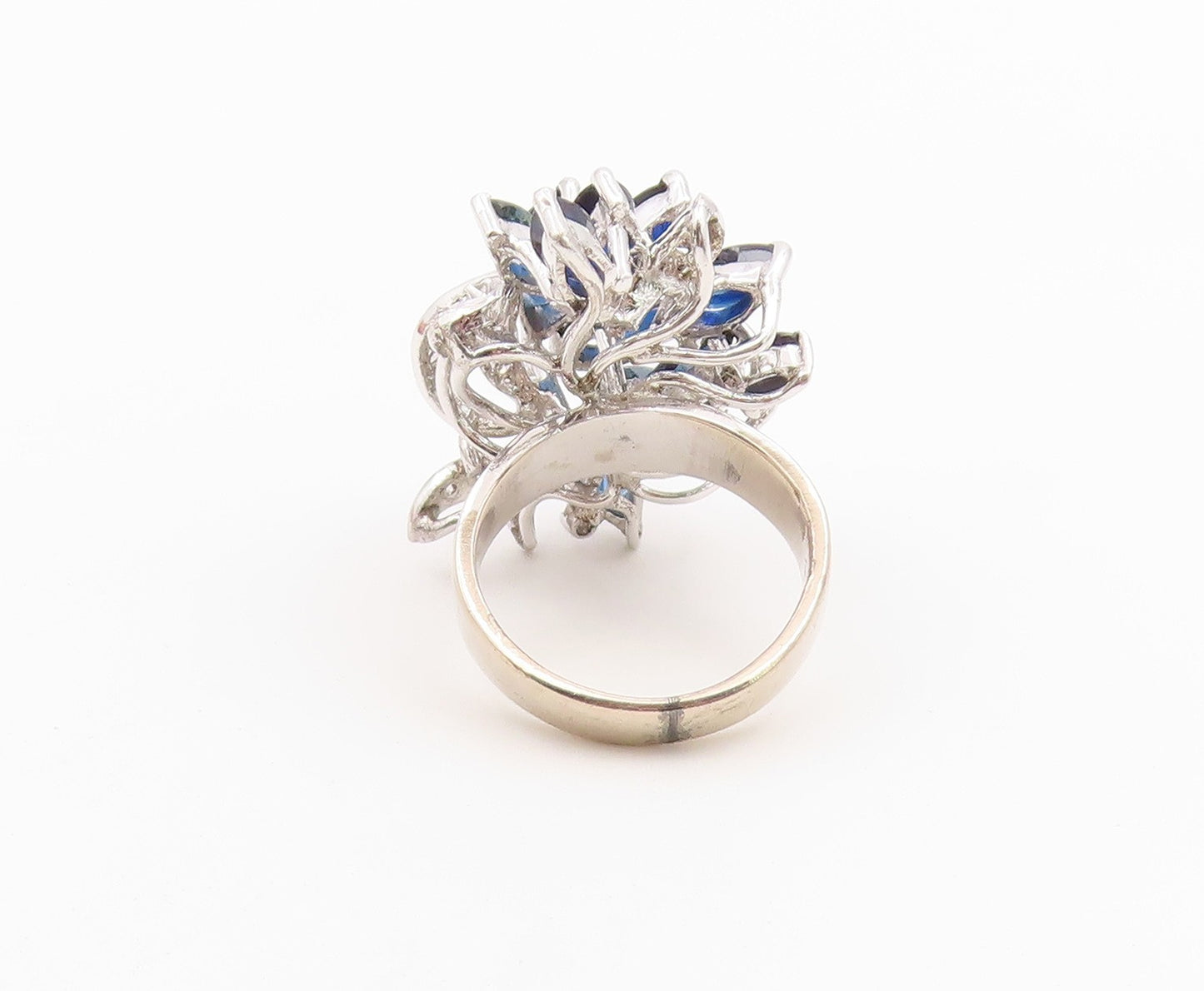 925 Sterling Silver Vintage Ring Real Diamonds & Sapphire Flower  Sz 6  RG36623