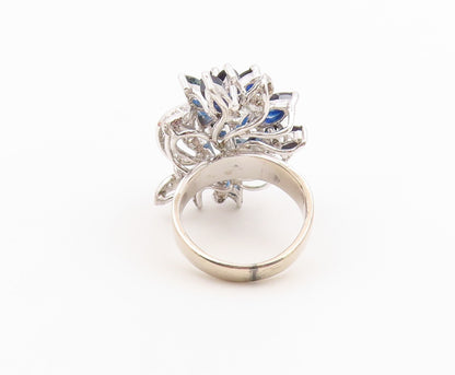 925 Sterling Silver Vintage Ring Real Diamonds & Sapphire Flower  Sz 6  RG36623