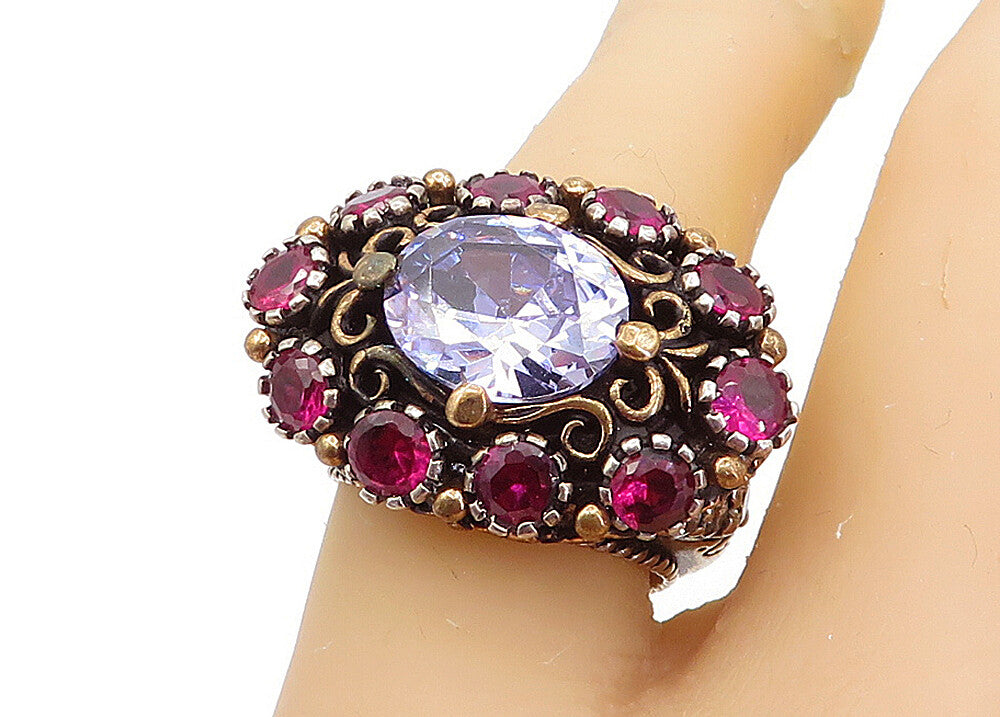 925 Silver  Vintage Purple Cubic Zirconia & Topaz Cocktail Ring Sz 7  RG3570