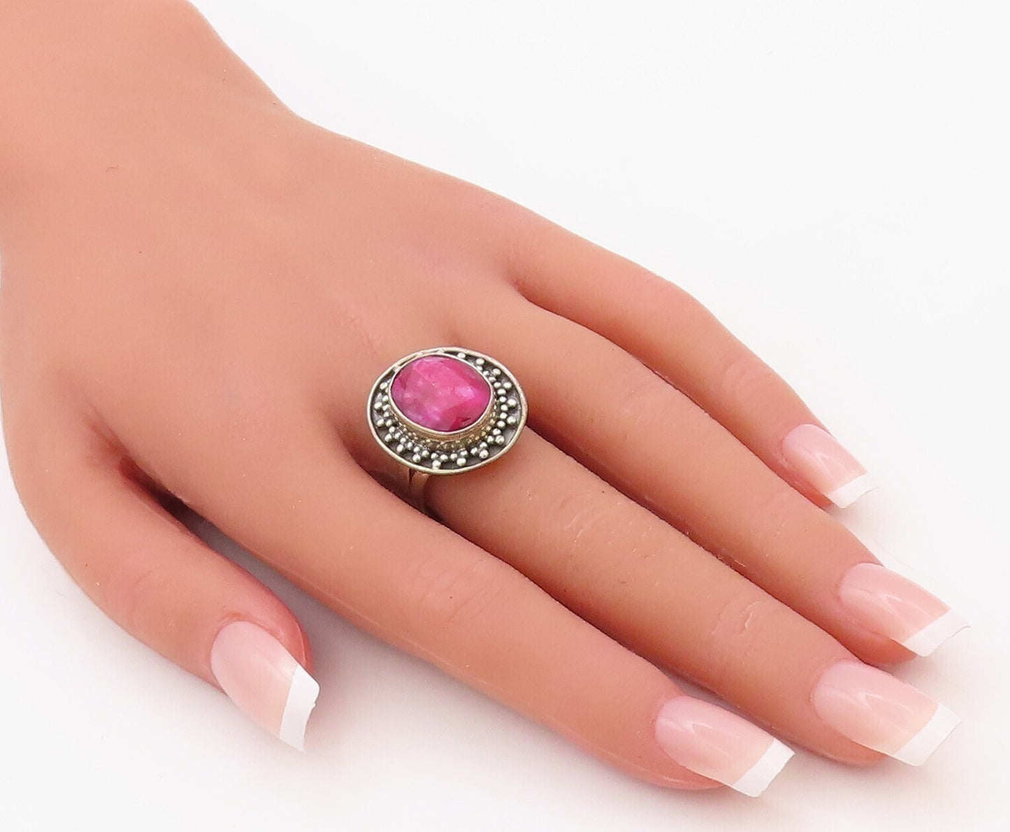 925 Sterling Silver Vintage Ring Oval Pink Gemstone Bead Framed  Sz 9  RG30759