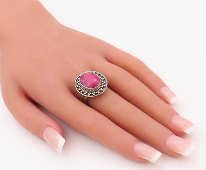 925 Sterling Silver Vintage Ring Oval Pink Gemstone Bead Framed  Sz 9  RG30759