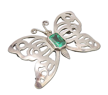925 Silver  Vintage Cutout Butterfly Spinel Lab Emerald Brooch Pin  BP10524