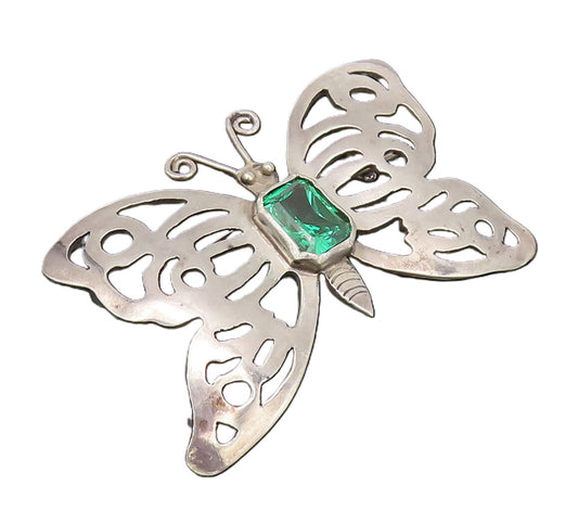 925 Silver  Vintage Cutout Butterfly Spinel Lab Emerald Brooch Pin  BP10524