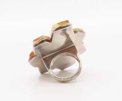 925 Sterling Silver Vintage Ring Modernist Amber Large Flower  Sz 7  RG36379