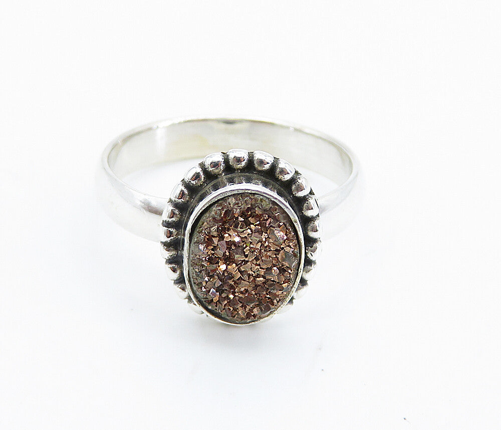 925 Sterling Silver  Druzy Stone Fluted Trim Shiny Band Ring Sz 7  RG8234
