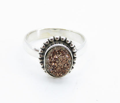 925 Sterling Silver  Druzy Stone Fluted Trim Shiny Band Ring Sz 7  RG8234