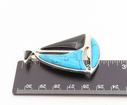 925 Sterling Silver Vintage Brooch MEXICO Turquoise & Onyx Sailboat Pin  BP12016