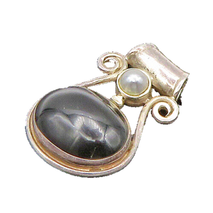 925 Sterling Silver  Vintage Cabochon Black Onyx & Pearl Swirl Pendant PT17711