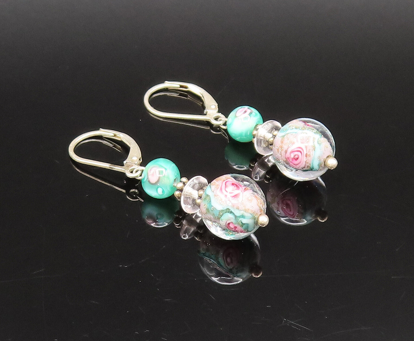 925 Silver  Vintage Beautiful Floral Bead Glass Art Dangle Earrings  EG12270
