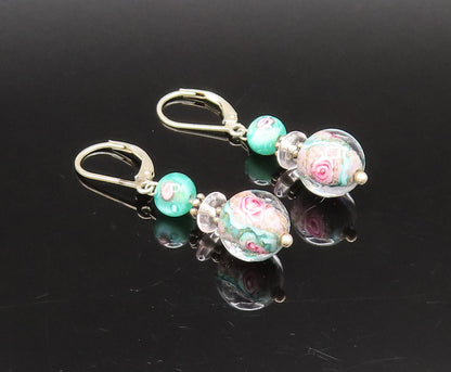 925 Silver  Vintage Beautiful Floral Bead Glass Art Dangle Earrings  EG12270