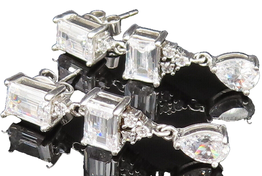 925 Silver  Vintage Dainty Multi Shape Cubic Zirconia Dangle Earrings  EG11740