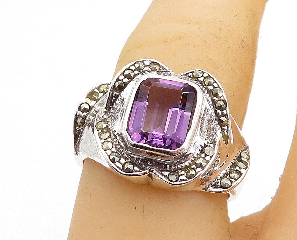 925 Sterling Silver  Amethyst & Marcasite Shiny Cocktail Ring Sz 7  RG5685