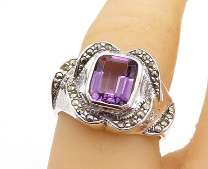925 Sterling Silver  Amethyst & Marcasite Shiny Cocktail Ring Sz 7  RG5685