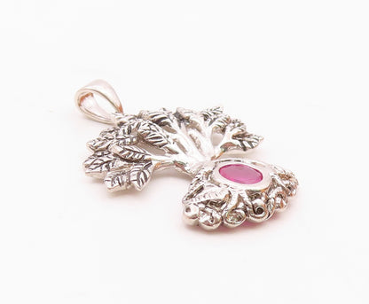 925 Sterling Silver  Vintage Carved Tree Of Life Tourmaline Pendant  PT20948