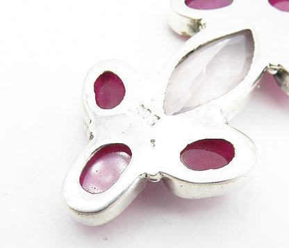925 Sterling Silver  Vintage Faceted Topaz & Ruby Cluster Drop Pendant  PT4574