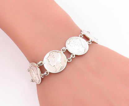 925 Sterling Silver Vintage Bracelet Modernist US One Dime Coin Link  BT12038